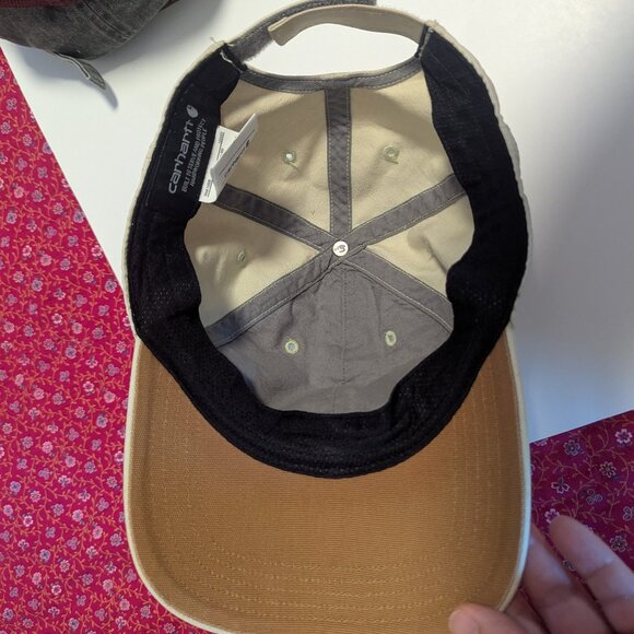 Carhartt Canvas Leather Patch Baseball Hat Dad Hat Trucker Unisex Cream Yellow - Picture 2 of 4